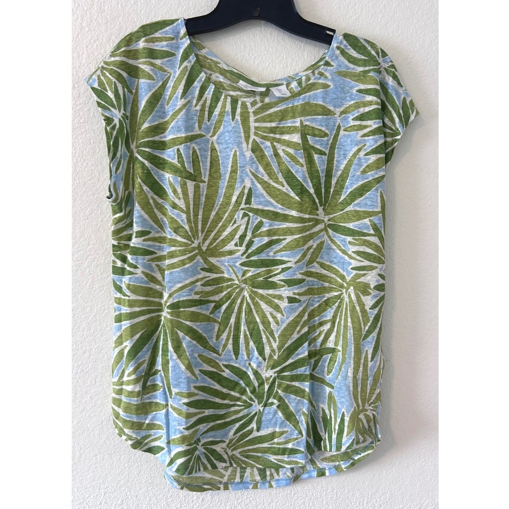 Sigrid Olsen 100% Linen Palm Leaf Print Cap Sleeve Knit Top SZ L Blue Green